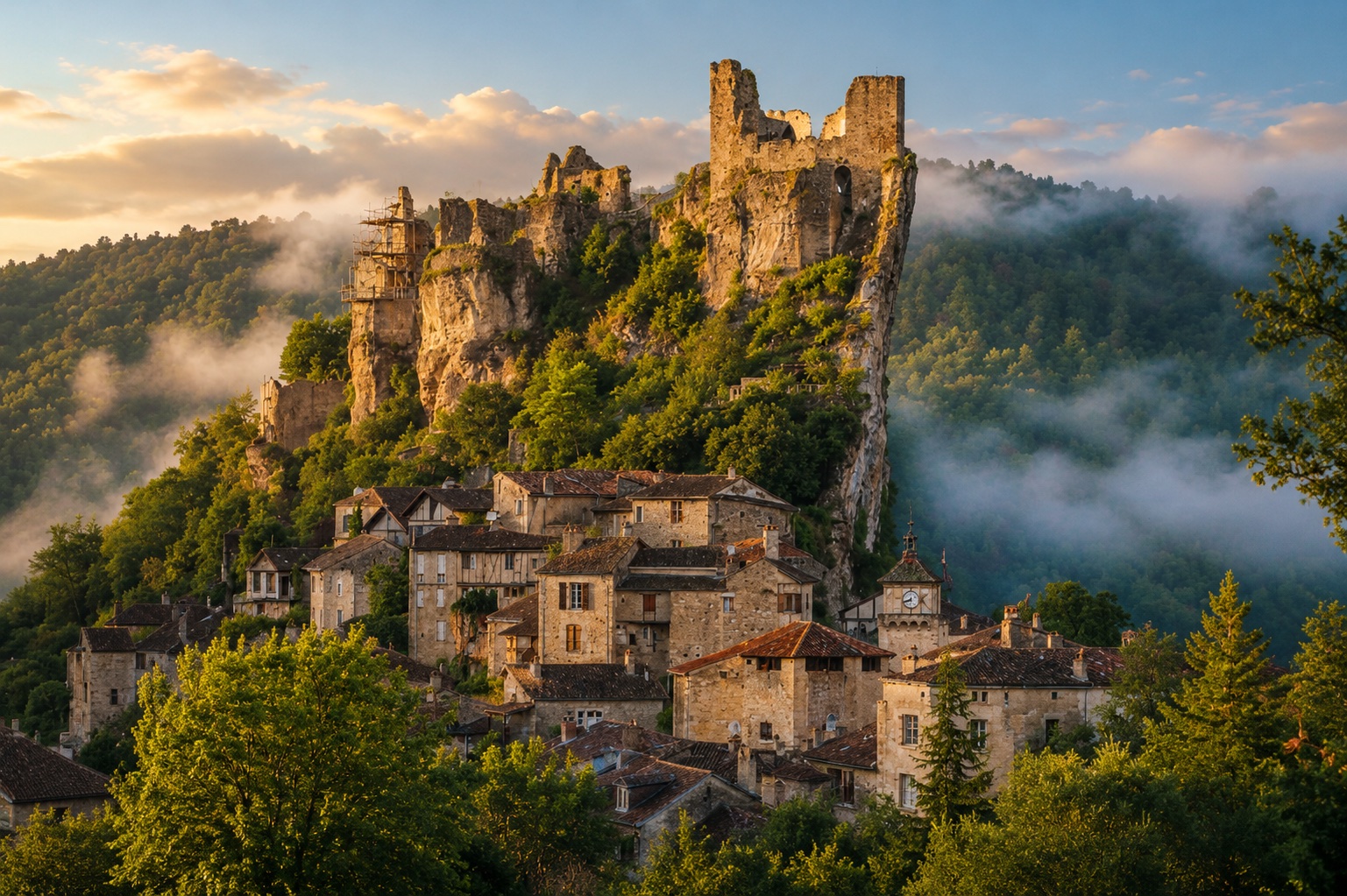 Penne et son château accroché à un éperon rocheux au-dessus de l'Aveyron